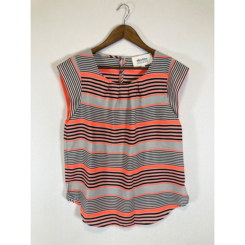 Preppy Alice Blue Womens Medium Coral Black‎ Striped Cap Sleeve Blouse T90661